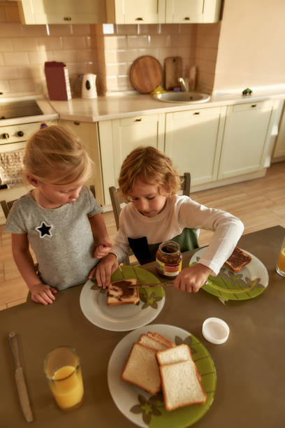 istock Loving brother spreading chocolate nut butter on toasted bread while preparing breakfast for his sister and himself in the kitchen 1295427242