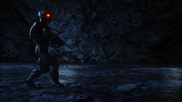 istock Alien, monster with gun in light portal. 3d rendering. 1295427374