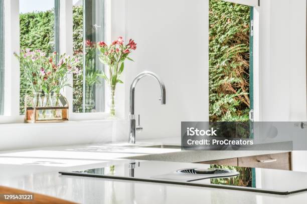 Modern Lshaped Kitchen Stock Photo - Download Image Now - Kitchen, Faucet, Sink