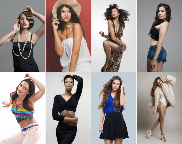 Multiple image of attractive fashion models, studio shots.