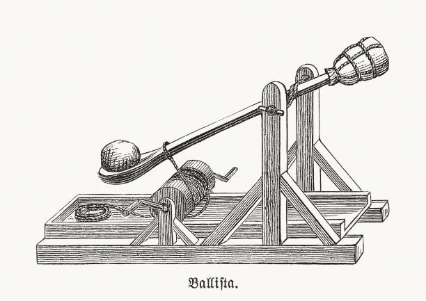 illustrations, cliparts, dessins animés et icônes de catapulte (ballista) - missile historique, gravure sur bois, publié en 1893 - slingshot weapon medieval siege