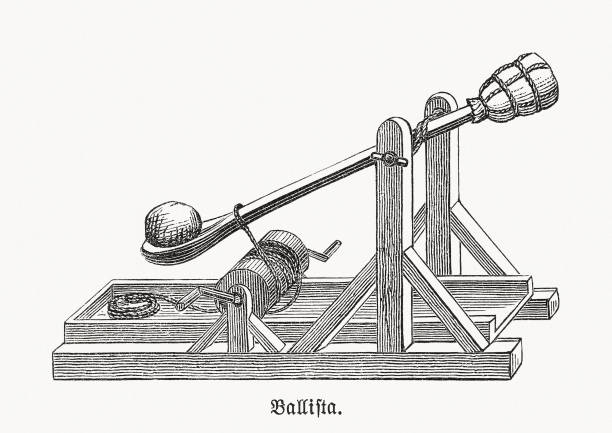 투석기 (발리스타) - 역사적인 미사일, 나무 조각, 1893 년에 출판 - slingshot weapon medieval siege stock illustrations