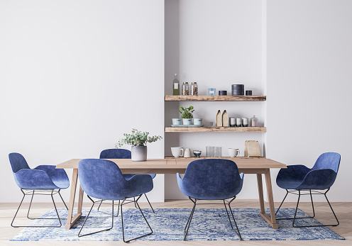 Interior design for dining room with velvet blue chairs, wooden table and vintage carpet on light gray background, Scandinavian style