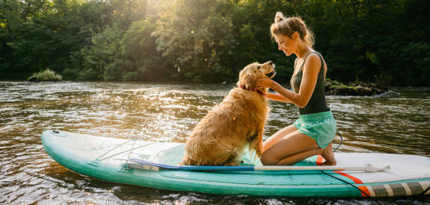 Days like this Photo of a smiling young woman and her dog enjoying the beautiful, warm summer afternoon by the river, far from the hustle of the city. dog swimsuit stock pictures, royalty-free photos & images
