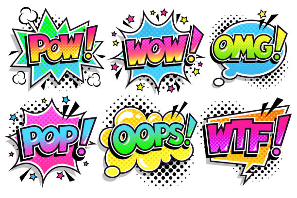 ilustrações, clipart, desenhos animados e ícones de bolhas de discurso de arte pop definir pow, wow, omg, pop, oops, wtf. - omg