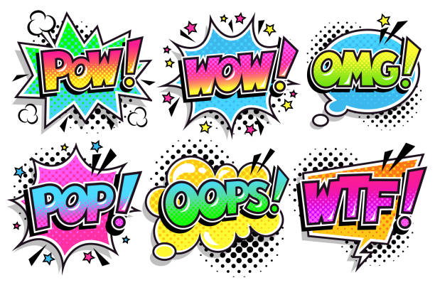 Pop art comic speech bubbles set Pow, Wow, Omg, Pop, Oops, Wtf. Set of comic speech bubbles with text Pow, Wow, Omg, Pop, Oops, Wtf. All bubbles on separate layers. Pop art vector illustration isolated on white background. short phrase stock illustrations