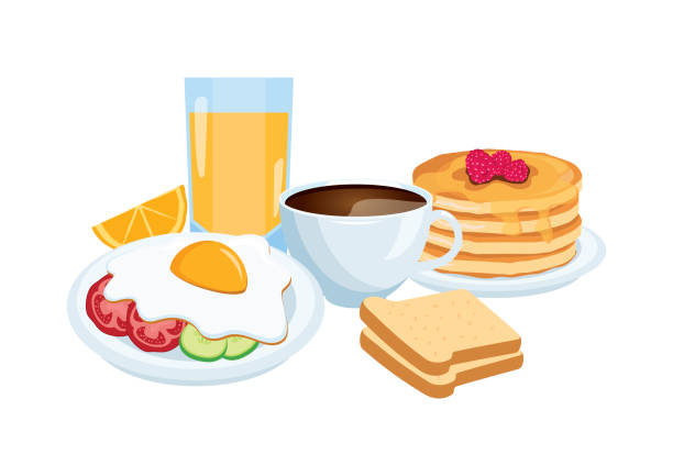 illustrations, cliparts, dessins animés et icônes de petit déjeuner nature nature tranquille avec café, oeuf, crêpes, pain et jus d’orange vecteur - pancake ready to eat equipment fruit