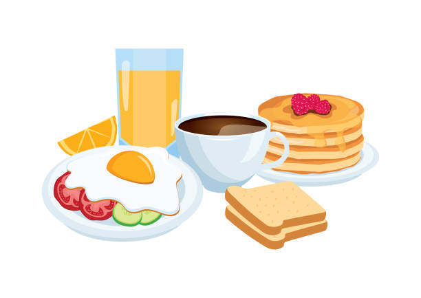 martwa natura śniadaniowa z kawą, jajkiem, naleśnikami, chlebem i wektorem soku pomarańczowego - breakfast stock illustrations