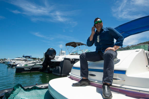 Sea lion lounging on dock with marina boats and ocean in background.