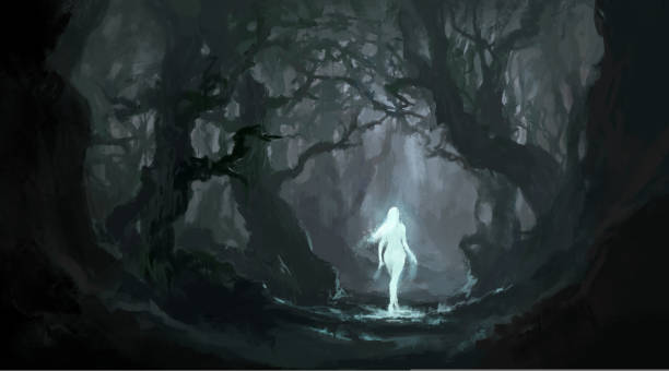 istock Angel in the quiet primeval forest, digital painting. 1295448512