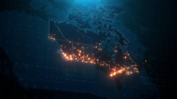 istock Night Map of Canada with City Lights Illumination 1295448617