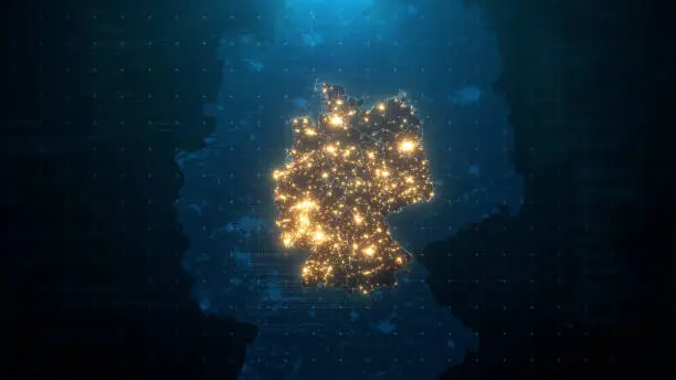 Night Map of Germany with City Lights Illumination. 3D render