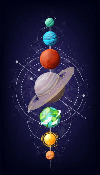 Vector illustration of Planets of the solar system on a dark background.
