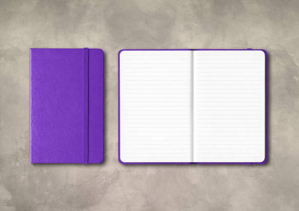 istock Purple closed and open lined notebooks on concrete background 1295449417