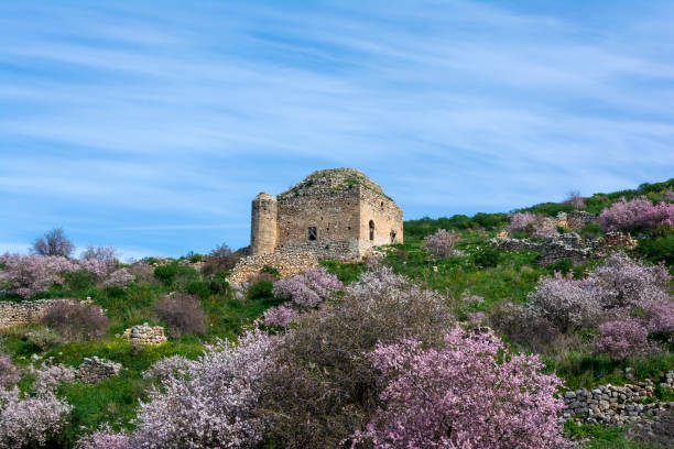 fortaleza medieval acrocorinth em um dia ensolarado, peloponeso, grécia - mosque europe part of day - fotografias e filmes do acervo