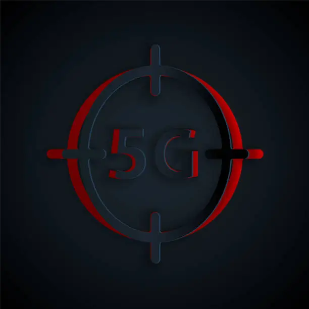 Vector illustration of Paper cut 5G new wireless internet wifi connection icon isolated on black background. Global network high speed connection data rate technology. Paper art style. Vector