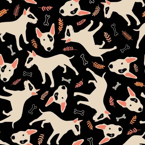 Vector illustration of Seamless vector pattern with bull terrier, bones and plants, dog breed concept. Cute black background for fabric, textile, wallpaper, illustration