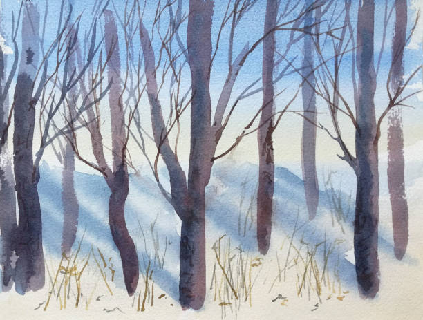 istock Natural landscape with winter trees, painted in watercolor by hand. 1295459886