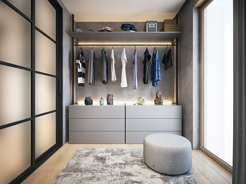 Computer generated image of dressing room. Architectural Visualization. 3D rendering.
