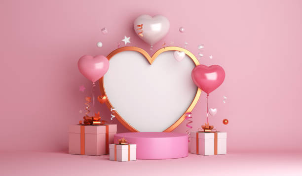 happy valentines day podium decoration with heart shape balloon, gift box, confetti, 3d rendering illustration - romance three dimensional digitally generated image ideas imagens e fotografias de stock