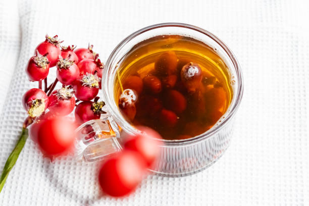Fruit tea made from berries and rosehip fruits in a transparent glass mug. stock photo