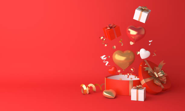 istock Happy valentines day decoration with gift box, heart shape balloon with copy space, 3D rendering illustration 1295460749