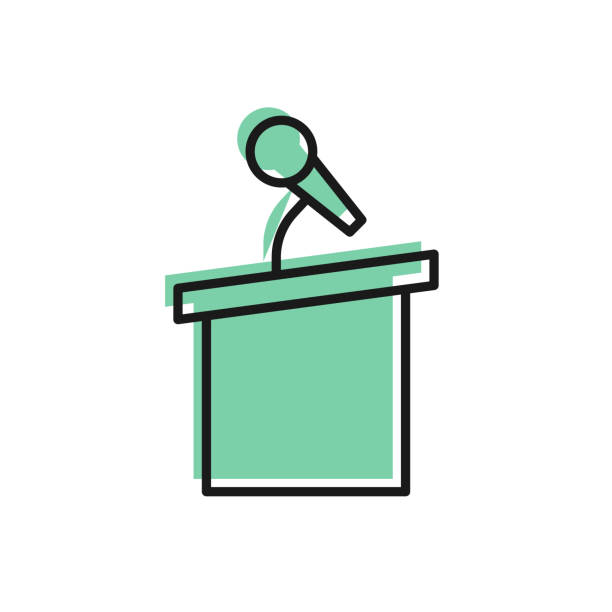 ilustrações de stock, clip art, desenhos animados e ícones de black line stage stand or debate podium rostrum icon isolated on white background. conference speech tribune. vector - winners podium audio