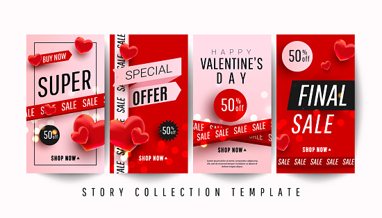 Happy Valentine's day promo story banner collection set with pink hearts with frame on pink red background