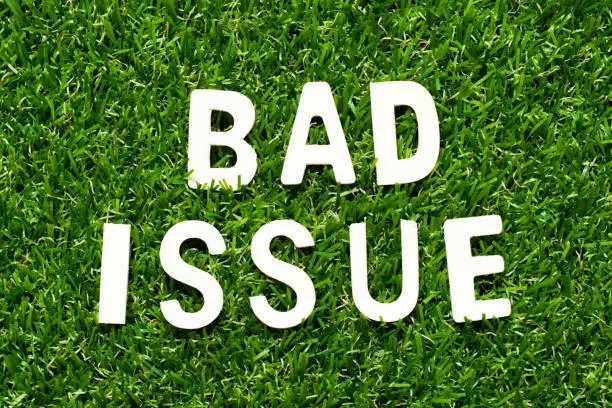 Photo of Wood alphabet letter in word bad issue on green grass background