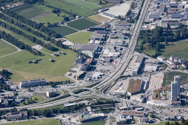 aerial view of highway junction at swiss capital Chur