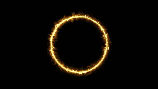 Photo of Beautiful ring of fire on black background. Abstract solar fire circle. Gradually appearing burning ring of fire.