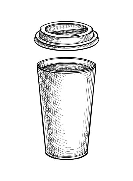 tintenskizze des heißgetränks im papierbecher mit deckel - hot chocolate coffee isolated on white cup stock-grafiken, -clipart, -cartoons und -symbole