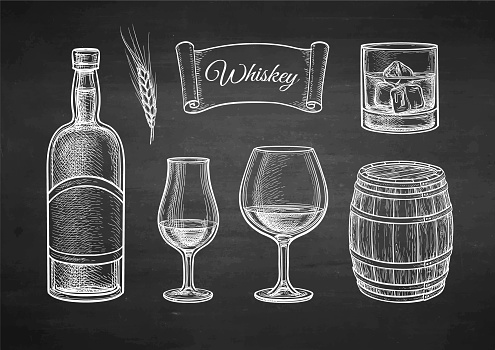 Whiskey set. Chalk sketch on blackboard background. Hand drawn vector illustration. Retro style.