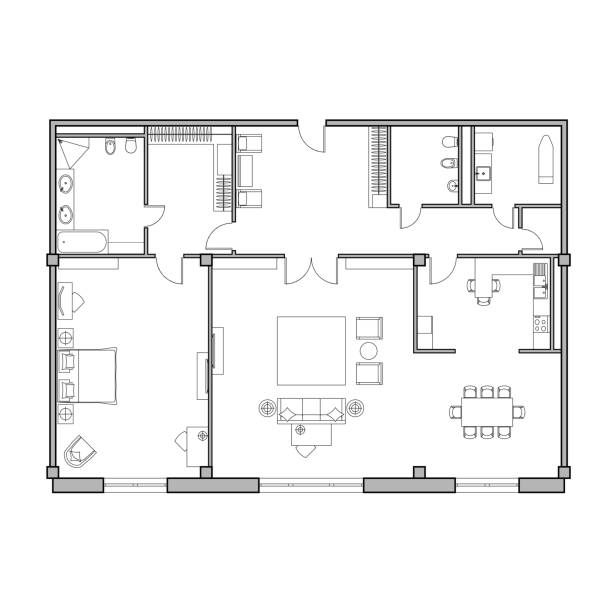 Architectural plan of the apartment. Technical drawing. Top view with a set of furniture and plumbing equipment. Architectural plan of the apartment. Technical drawing. Top view with a set of furniture and plumbing equipment. Vector isolated floor plan illustrations stock illustrations