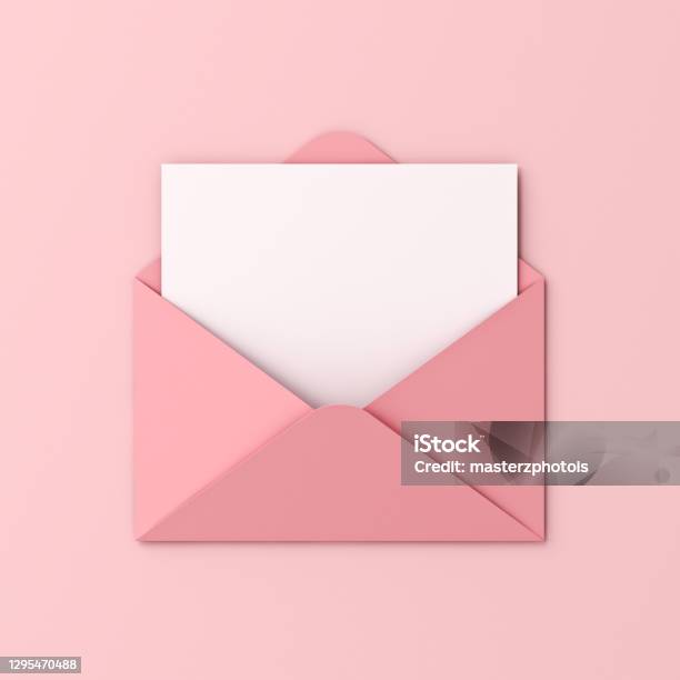 Blank White Card In Pink Envelope Isolated On Pink Pastel Color Background With Shadow Love Letter Minimal Conceptual Stock Photo - Download Image Now