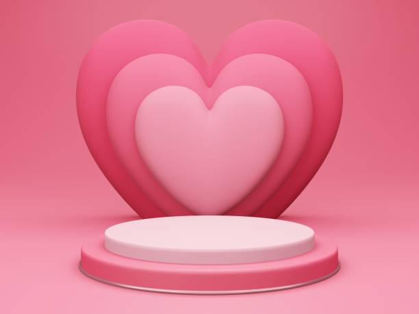 istock Valentine's day, 3d round podium or pedestal with red empty studio room, minimal product background with heart overlap behind, mock up for love concept display 1295473605