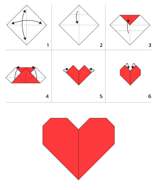 ilustraciones, imágenes clip art, dibujos animados e iconos de stock de valentine heart paper folding tutorial sequence vector illustration - origami