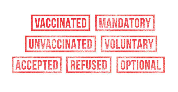 Vaccination Rubber Stamps Mandatory Vaccine Vaccination Rubber Stamps: Mandatory, Voluntary, Optional, Vaccinated, Unvaccinated, Accepted, Refused. mandate stock illustrations