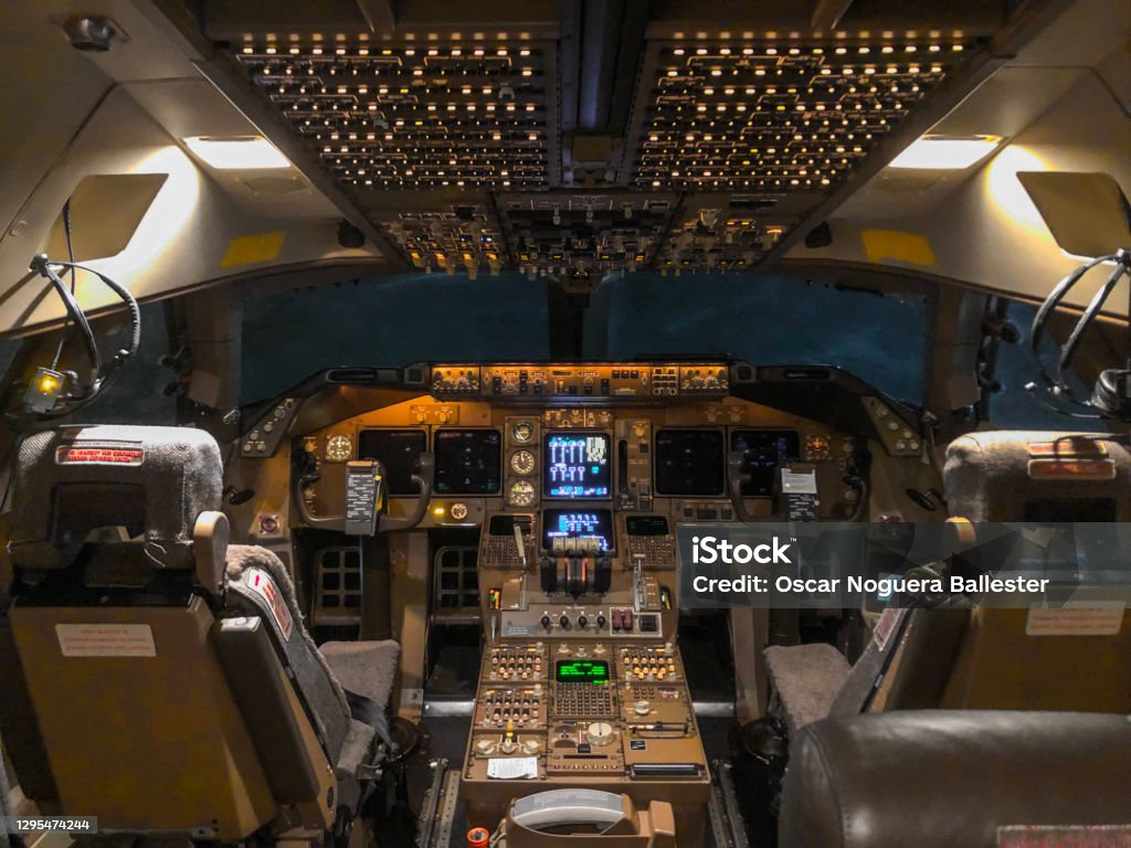 Airplane cockpit Cockpit of a 747 aircraft Cockpit Stock Photo
