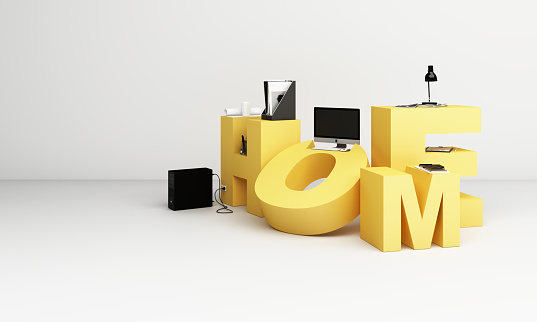 Working equipment and computor It is surrounded on the letters WOKR FORM HOME in yellow tones. 3d rendering