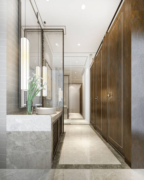 istock 3d rendering wood and modern tile public toilet 1295475616