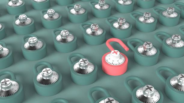 istock Open pink padlock in crowd of closed blue padlock 3d rendering image 1295476618