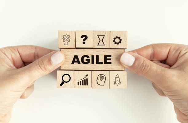 Agile Methodology Businesswoman with wooden blocks. Agile method. agile management stock pictures, royalty-free photos & images