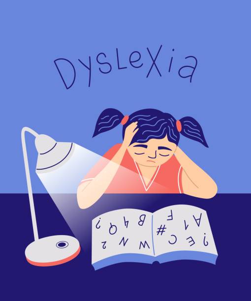 koncepcja dysleksji. młoda dziewczyna trudności w czytaniu - dysleksja stock illustrations