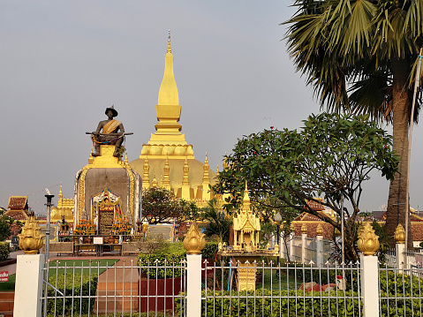 The Pha That Luang golden stupa in Vientiane. It's a gold-covered large Buddhist stupa in the centre of Vientiane and is regarded as the most important national monument in Laos and a national symbol.