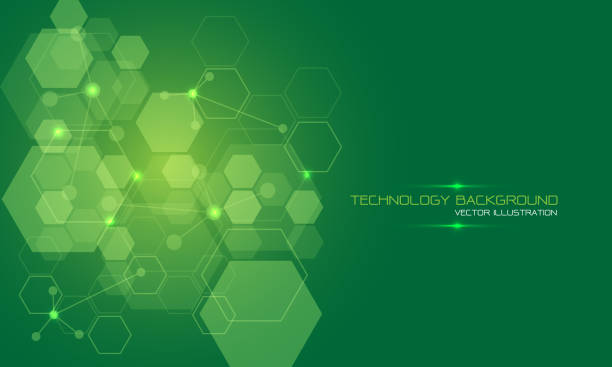 abstrakte grüne technologie energie sechseck geometrisches licht mit text auf leerraum design moderne futuristische hintergrund vektor-illustration. - healthcare and medicine multi colored cell backgrounds stock-grafiken, -clipart, -cartoons und -symbole