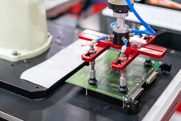 istock high technology and precision robot arm and automatic vacuum or suction cup for pick & place transportation pcb or material goods or product of manufacturing process in industrial 1295483250