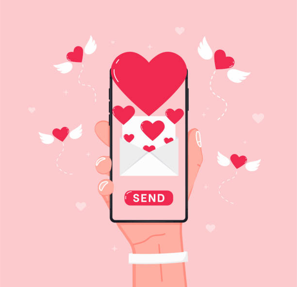 ilustraciones, imágenes clip art, dibujos animados e iconos de stock de enviando un mensaje de amor. mano sosteniendo el teléfono celular con el corazón del amor en la pantalla. enviar o recibir sms de amor, carta, correo electrónico con teléfono móvil. corazón rojo volador con alas, sobre. diseño plano vectorial - bien vestido