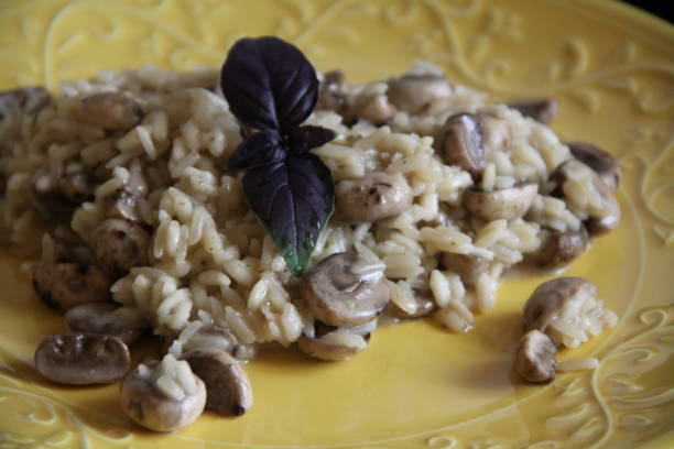 Risotto with mushrooms and red basil stock photo