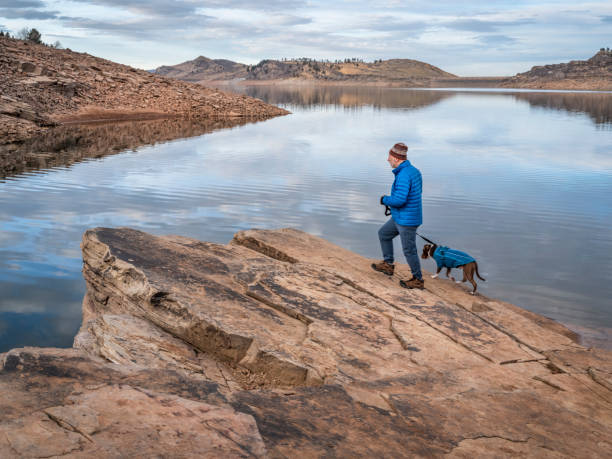 ロッキー山脈のふもとにある湖のほとりでピットブル犬とハイカー - fort collins rock cliff mountain range ストックフォトと画像